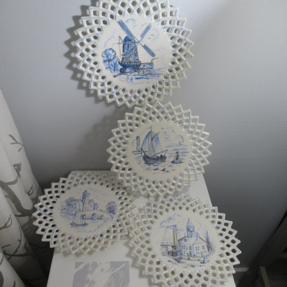 Ceramic 4 Hand Made Wall Decorative Reticulated Plate, 1979